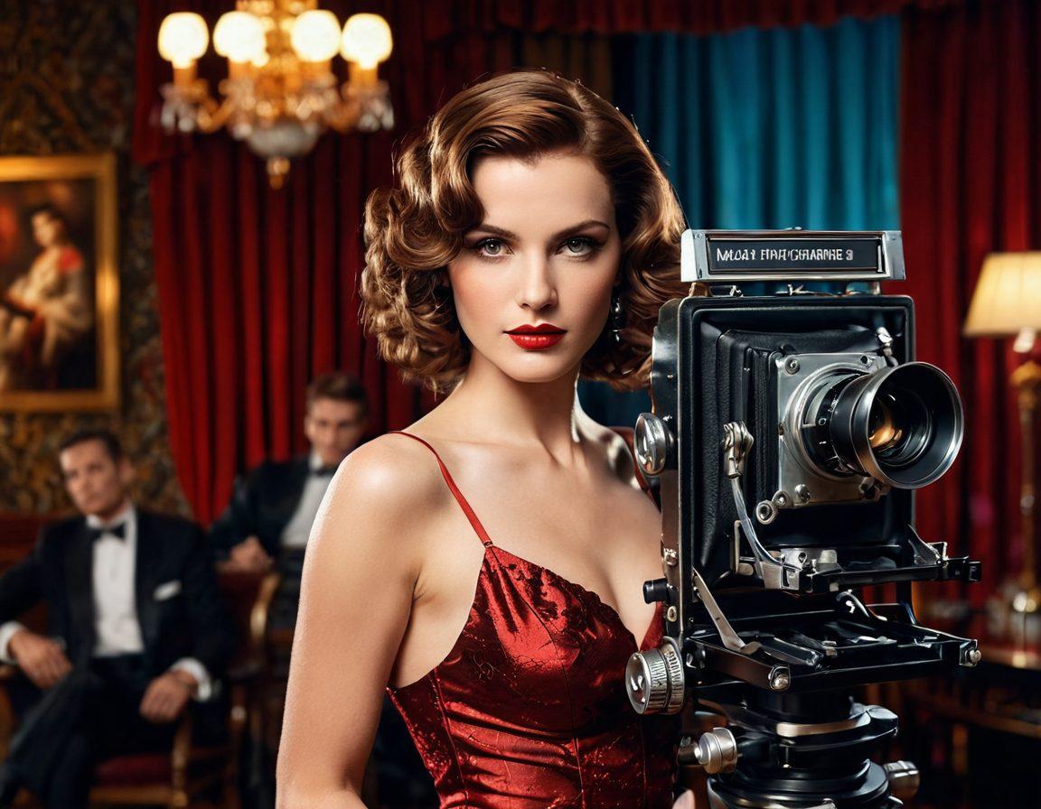 A glamorous film set showcasing high-caliber adult film production, featuring a vintage movie camera, elegant lighting, and sophisticated props. In the foreground, charismatic actors exude confidence and allure, dressed in stylish costumes that embody luxury and artistry. The background blends rich colors and soft focus, creating an inviting atmosphere that emphasizes creativity and the premium quality of the films. stylish cinematic poster. vibrant colors. 3D.